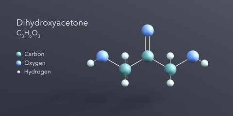 dihydroxyacetone molecule 3d rendering, flat molecular structure with chemical formula and atoms color coding
