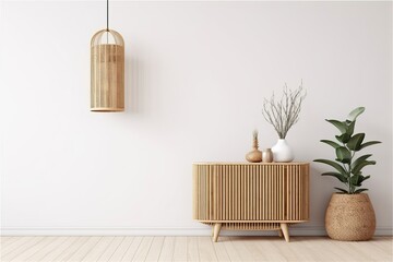 Wall mockup in living room interior with wooden slat curved furniture, trendy green snake plant in basket and wicker lantern on empty white background. 3D rendering
