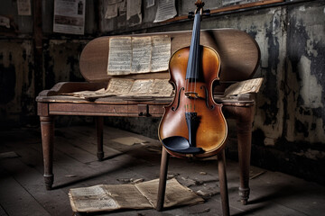 Fototapeta na wymiar A violin resting on a dilapidated wooden chair. generative AI