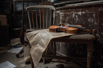 A violin resting surrounded by forgotten sheet music. generative AI