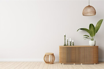 Wall mockup in living room interior with wooden slat curved furniture, trendy green snake plant in basket and wicker lantern on empty white background. 3D rendering - obrazy, fototapety, plakaty