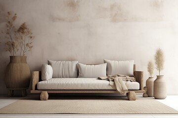 Warm neutral wabi-sabi style interior mockup with low sofa, jute rug, ceramic jug, side table and dried grass decoration on empty concrete wall background. 3d rendering
