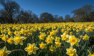 Fototapeta premium a field full of yellow flowers with trees in the background. generative ai