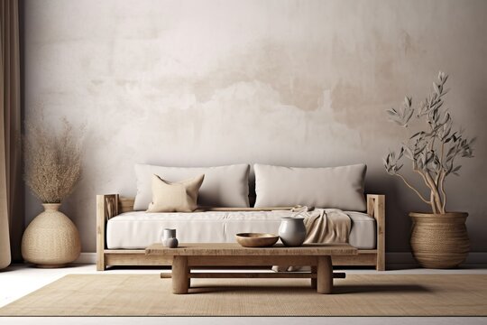 Warm neutral wabi-sabi style interior mockup with low sofa, jute rug, ceramic jug, side table and dried grass decoration on empty concrete wall background. 3d rendering