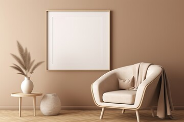 wooden frame mockup in trendy minimalist living room interior with rounded beige armchair and warm neutral background., 3d rendering