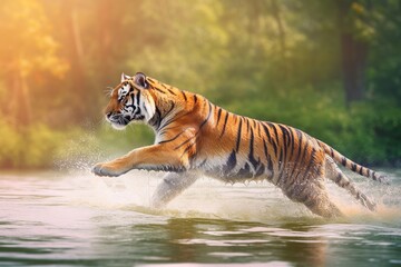 Fototapeta na wymiar Tiger jumping on the water of river. Generative AI.