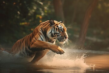 Tiger jumping on the water of river. Generative AI.