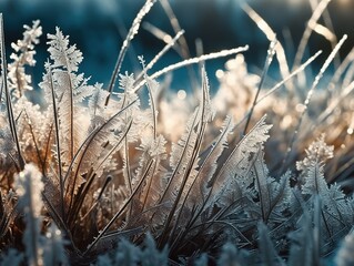 Frost crystals forming on a frozen window during winter. Generative AI.