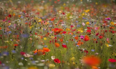  a field full of colorful flowers with a blurry background.  generative ai