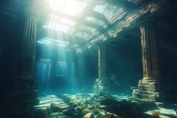 Obraz premium An ancient, mystical city submerged underwater. generative AI