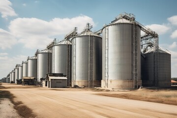 Agroprocessing industrial facility - grain elevators and silos. Generative AI.