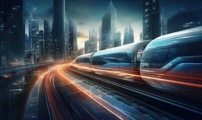  a train traveling through a city with tall buildings at night.  generative ai
