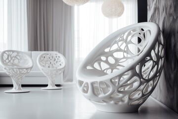Beautiful white furniture in the interior, printed from plastic on a 3d printer. Generative AI.