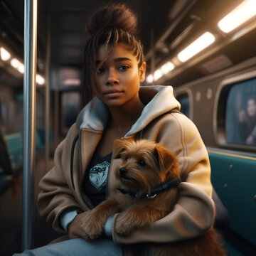 Beautifully lit AI image captures the bond between a black teenage bipoc girl and her dog Yorkshire Terrier on a train. In the glow of a metro in the sunset, highlights the love shared between them