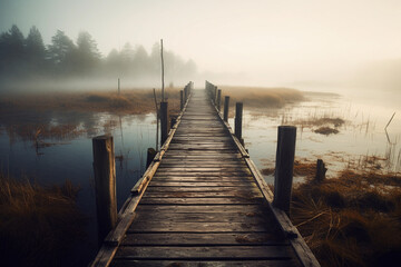 Fototapeta premium An old, wooden pier stretching into a foggy lake. generative AI