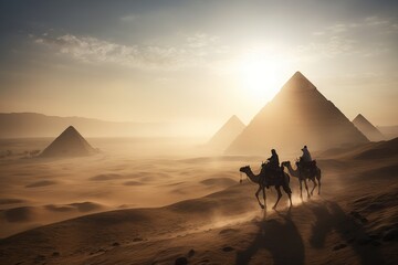 Fototapeta na wymiar Camels and pyramids. Generative AI.