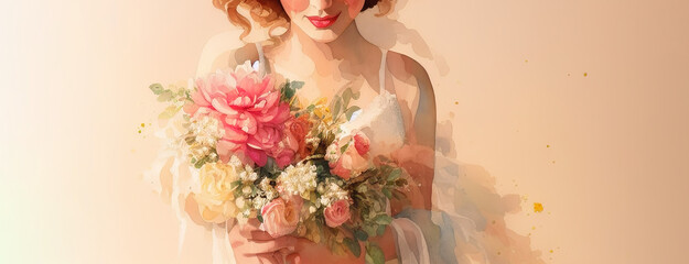 Watercolor drawing of an elegant, slim, sexy girl in lingerie with flowers. Generative AI.