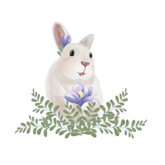 Cute bunny with crocuses in green twigs. Digital illustration. Suitable for the design of children's products, textiles, banners, posters.