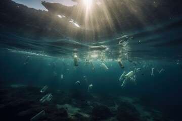 Fototapeta na wymiar Plastic bottles diving in sea. Generative AI.