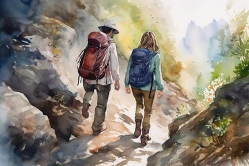 A couple goes on a hike. Generative AI.