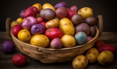  a basket filled with lots of different colored potatoes next to each other.  generative ai