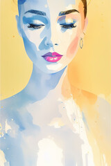 Fototapeta premium Sensual woman in neon ultraviolet light watercolor drawing, AI generative.