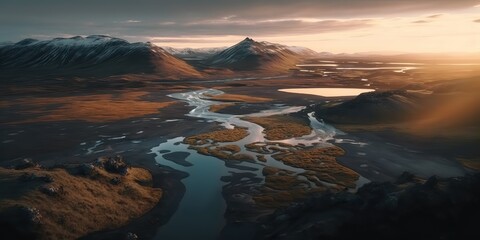AI Generated. AI Generative. Macro shot aerial drone view of Iceland landscape scene. Cinematic adventure explore vibe. Graphic Art