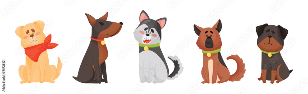 Sticker cute dog puppy with collar as domestic pet vector set