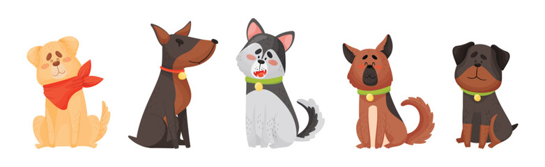 Cute Dog Puppy with Collar as Domestic Pet Vector Set
