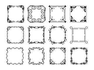 Vector art corner frames and vintage decoration. Flourish borders with flower pattern and ornament, filigree frames and dividers