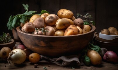  a wooden bowl filled with lots of different types of vegetables.  generative ai