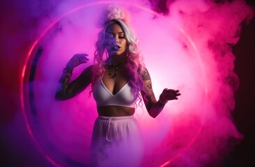 Beautiful woman over colorful neon lighting and smoke as background. Generative AI