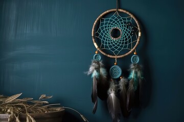 Craft dream catcher hanging on blue wall with copy space. Generative AI - obrazy, fototapety, plakaty