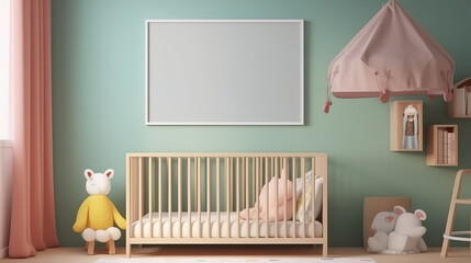 Mockup poster frame close up in nursery, 3d render, Bright color. Generative Ai