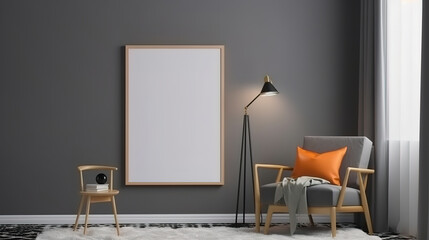 Mockup poster frame in modern interior, grey room with brown decoration. Generative Ai