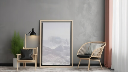 Poster frame mockup in modern nomadic home interior background. Generative Ai