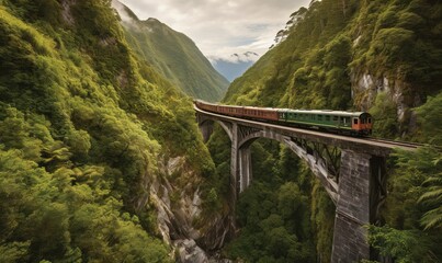  a train traveling over a bridge in the middle of a forest.  generative ai