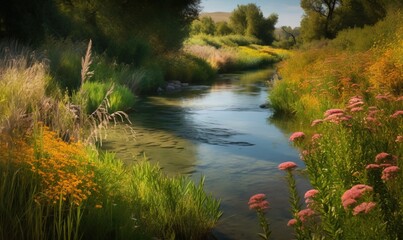  a river running through a lush green forest filled with flowers.  generative ai