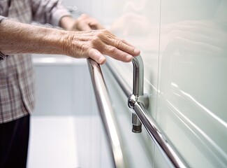 Asian senior or elderly old lady woman patient use toilet bathroom handle security in nursing hospital ward : healthy strong medical concept. created with Generative AI technology