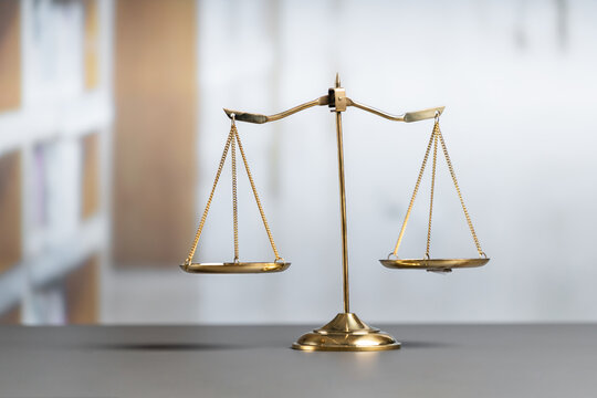 Shiny Golden Balanced Scale In Court Library Background As Concept Justice And Fairness Legal Symbol. Scale Balance For Righteous And Equality Judgment By Lawyer And Attorney. Equility Generative AI