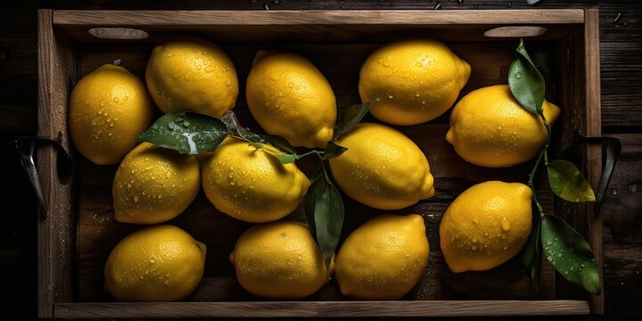 AI Generated. AI Generative. Photo realistic illustration of yellow eco organi lemons limes in wood rustic vintage box. Top view vibe. Graphic Art