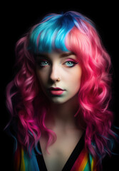 portrait of a woman with colourful dyed hair and rainbow top. Generative AI image.