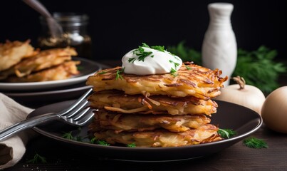  a stack of pancakes with a dollop of sour cream on top.  generative ai