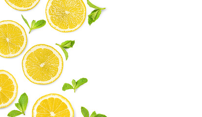 lemon slices and mint leaves on a white isolated background, top view