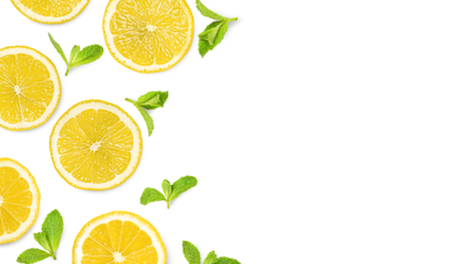lemon slices and mint leaves on a white isolated background, top view