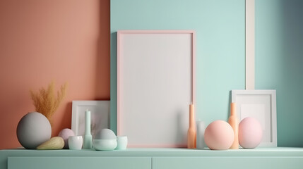 Fototapeta premium Mockup frame in home interior background, room in natural pastel colors. Generative Ai