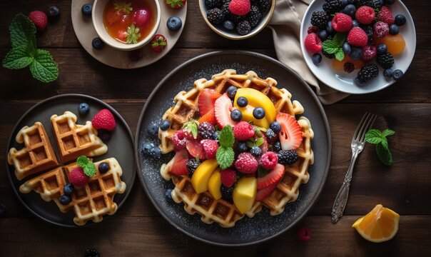  a waffle topped with fruit and a cup of tea.  generative ai