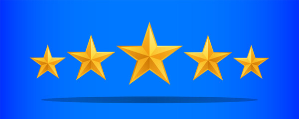 Five golden realistic stars. Vector golden 3d isolated five stars on blue background. EPS 10