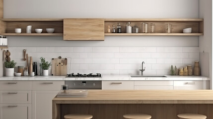 Wall mockup in kitchen interior background, Farmhouse style, 3d render, Bright color. Generative Ai