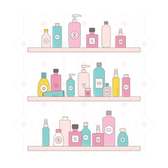 Bright cartoon cosmetic bottles, jars on shelves. Cute face cream tubes, cleanser, soap for bath, oil scrub, lotion facial gel vector illustrations Generative AI